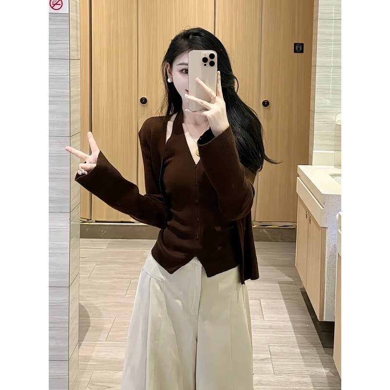 프랑스식 빨간색 V넥 긴팔 니트 오픈 가디건 여성 코트 가을 겨울 스택 착용 뒤로 심장 안에 가져 가라. 쇼트 스타일 맨위 투피스 세트 상세 이미지 5