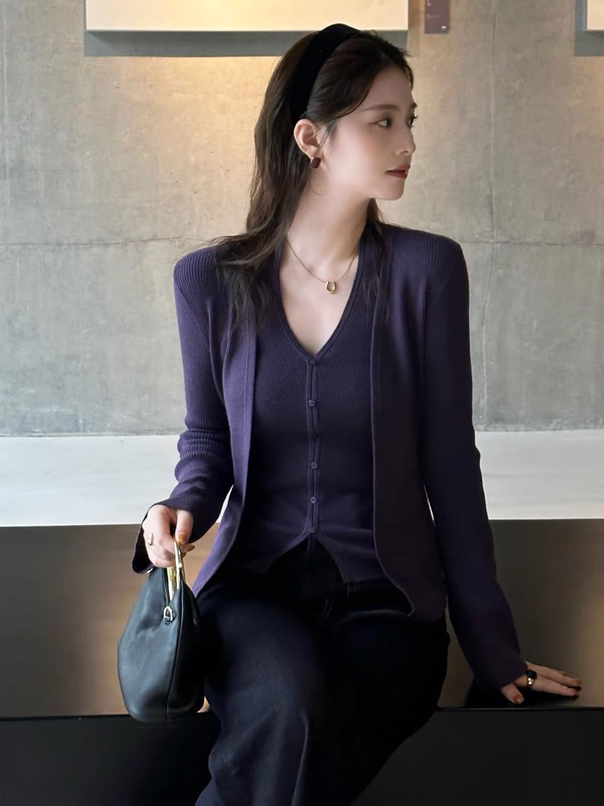 프랑스식 빨간색 V넥 긴팔 니트 오픈 가디건 여성 코트 가을 겨울 스택 착용 뒤로 심장 안에 가져 가라. 쇼트 스타일 맨위 투피스 세트 상세 이미지 7