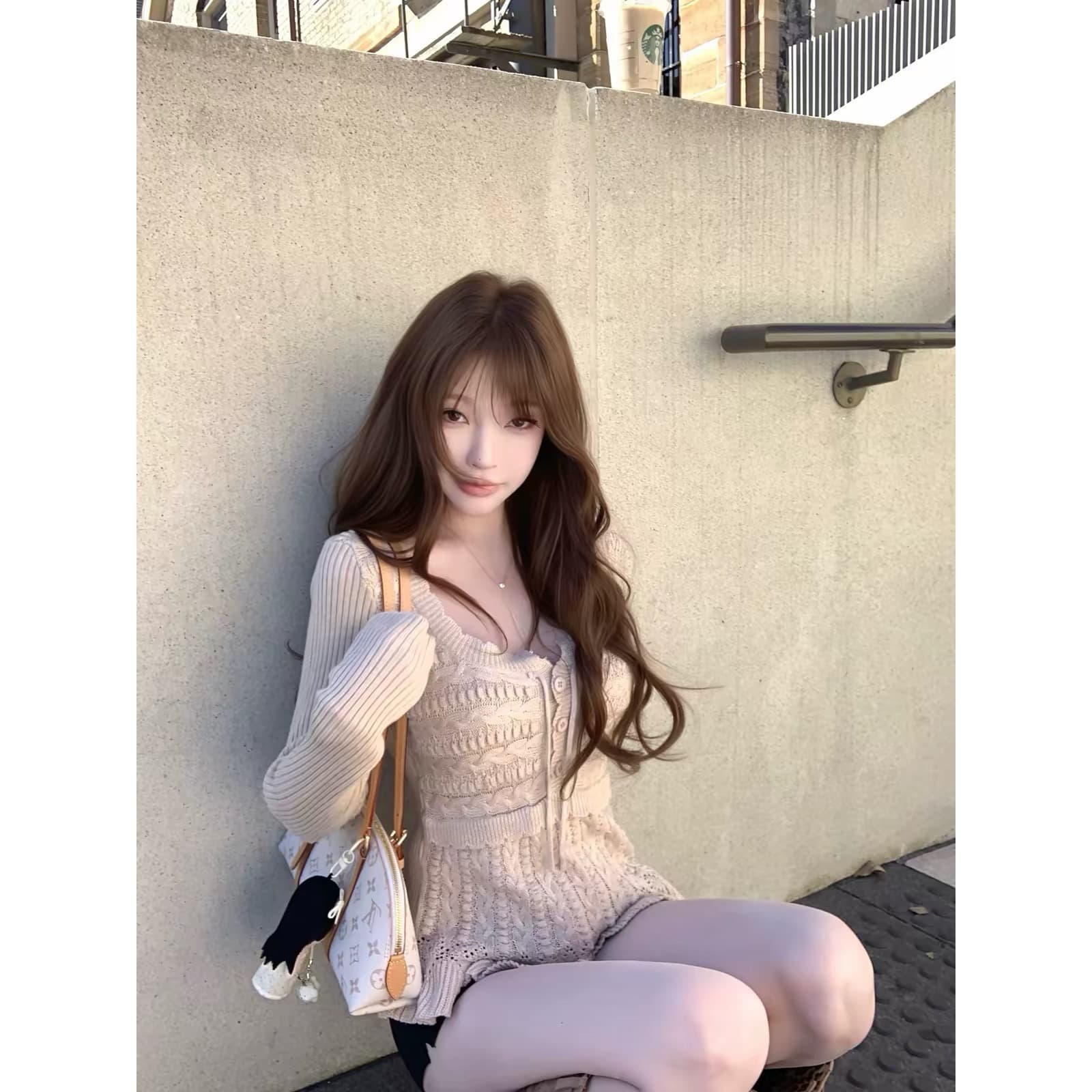 이중층 니트 질감 패치워크 순수한 욕망 부서 벨트 측면 칼라 트위스트 꽃 풀오버 상세 이미지 4