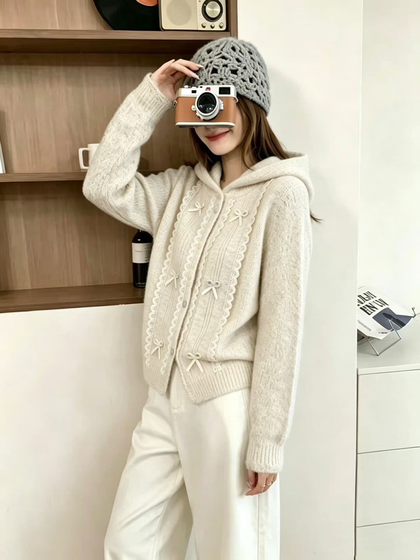 한 부서 느긋한 바람 레이스 레이스 후드 스웨터 여자 2026 가을 겨울 새로운 부드러운 찹쌀 슬림해 보이는 니트 오픈 가디건 맨위 상세 이미지 1