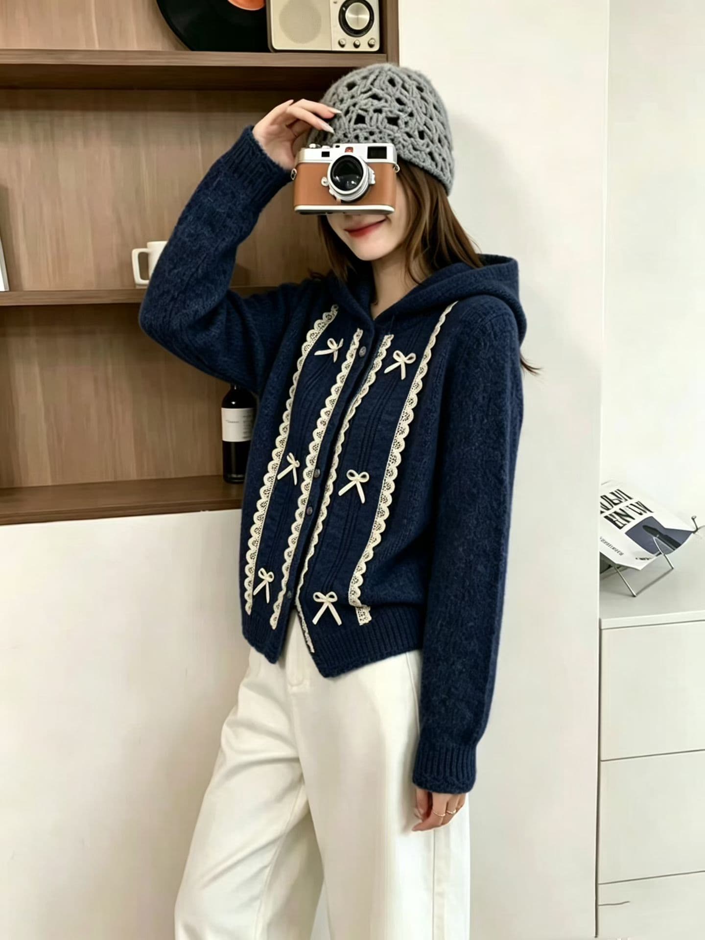 한 부서 느긋한 바람 레이스 레이스 후드 스웨터 여자 2026 가을 겨울 새로운 부드러운 찹쌀 슬림해 보이는 니트 오픈 가디건 맨위 상세 이미지 2