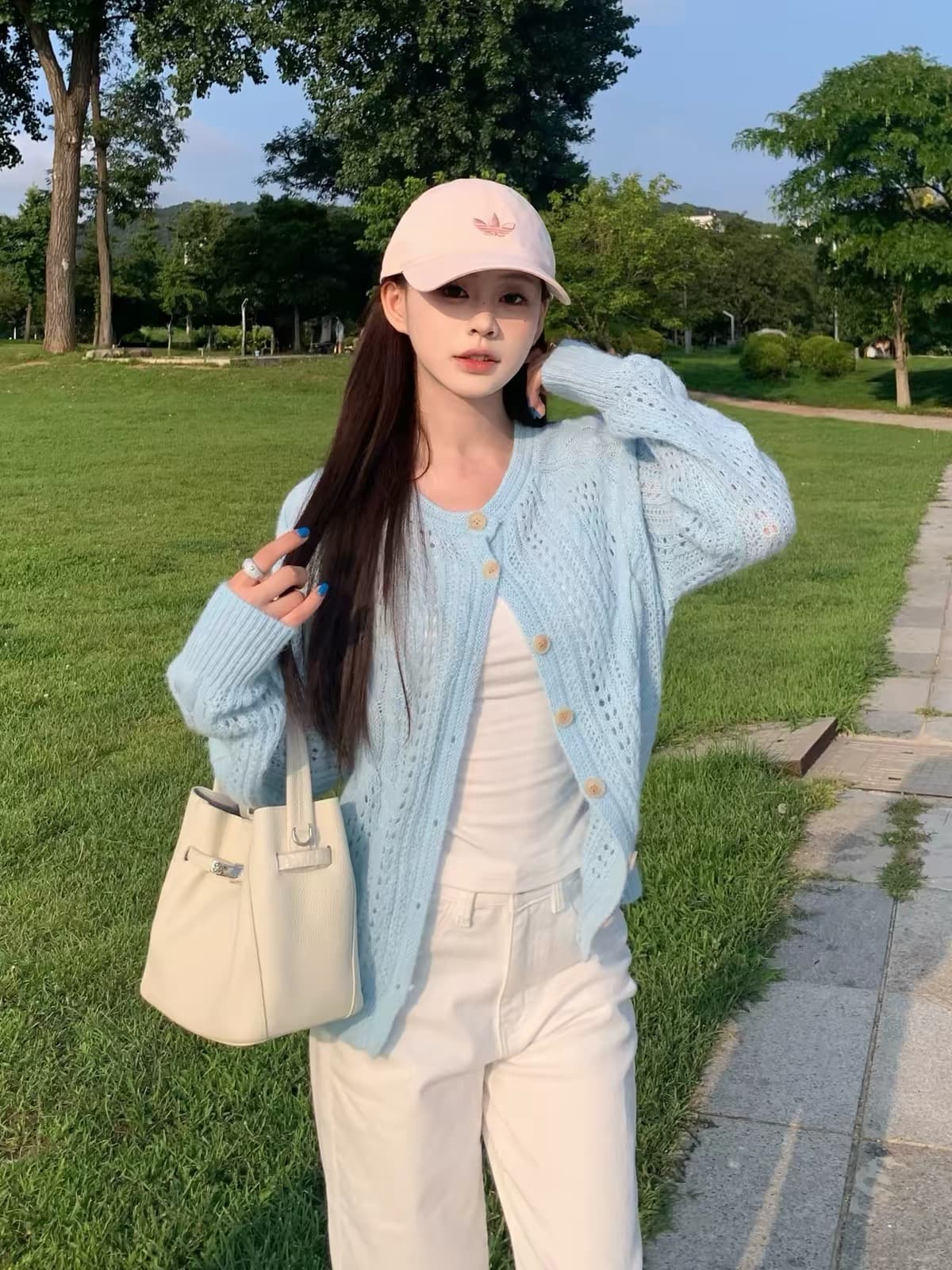 파란색 니트 오픈 가디건 여성 한 부서 부드러운 홀로우 아웃 디자인 센스 라운드 넥 긴팔 스웨터 코트