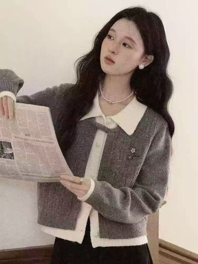가을의 날 기하학 프랑스식 디자인 센스 니트 스웨터 재킷 페이크 레이어드 회색 스웨터 맨위 여성 겨울 이미지 4