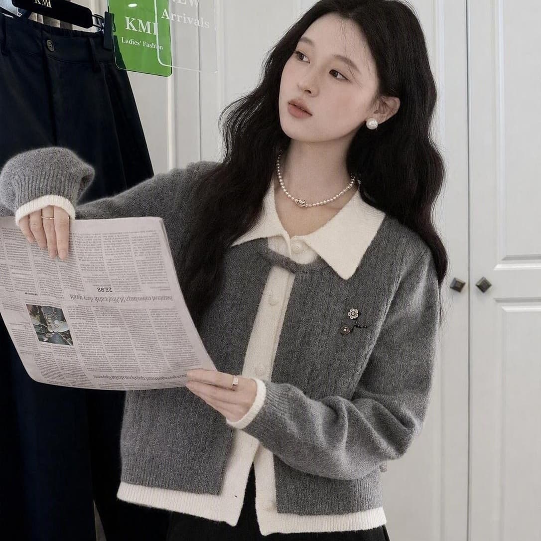 가을의 날 기하학 프랑스식 디자인 센스 니트 스웨터 재킷 페이크 레이어드 회색 스웨터 맨위 여성 겨울 상세 이미지 5