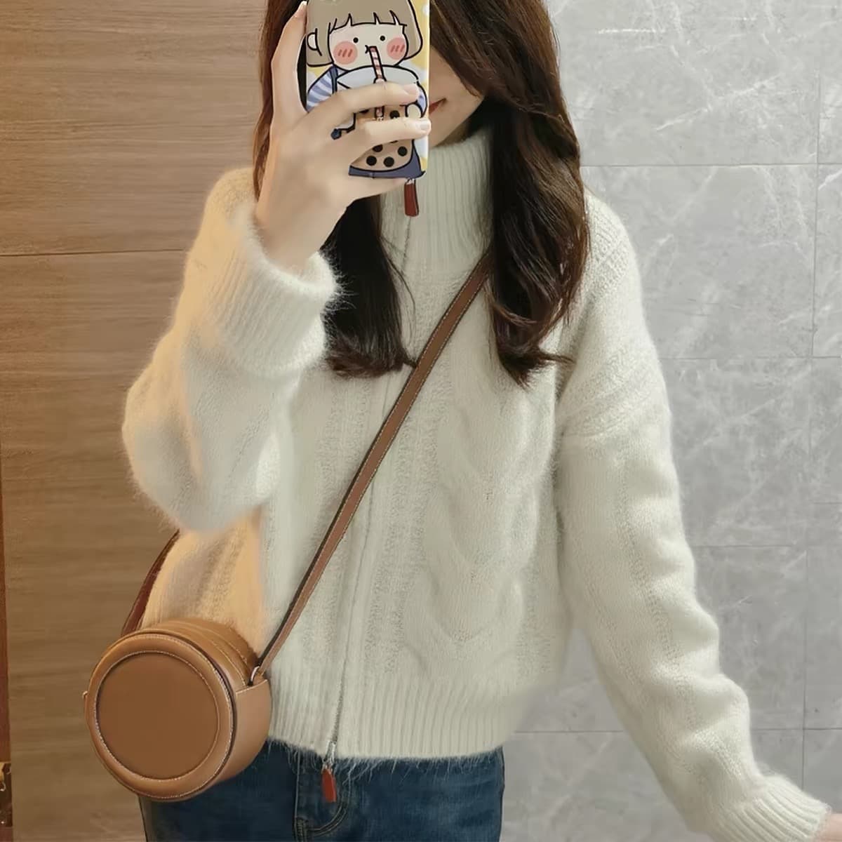 프랑스식 작은 샤넬 스타일 화이트 터틀넥 꽈배기 니트 오픈 가디건 스웨터 여성 코트 겨울 의류 우유 씽 하는 소리 두꺼운 작은 맨위 이미지 5