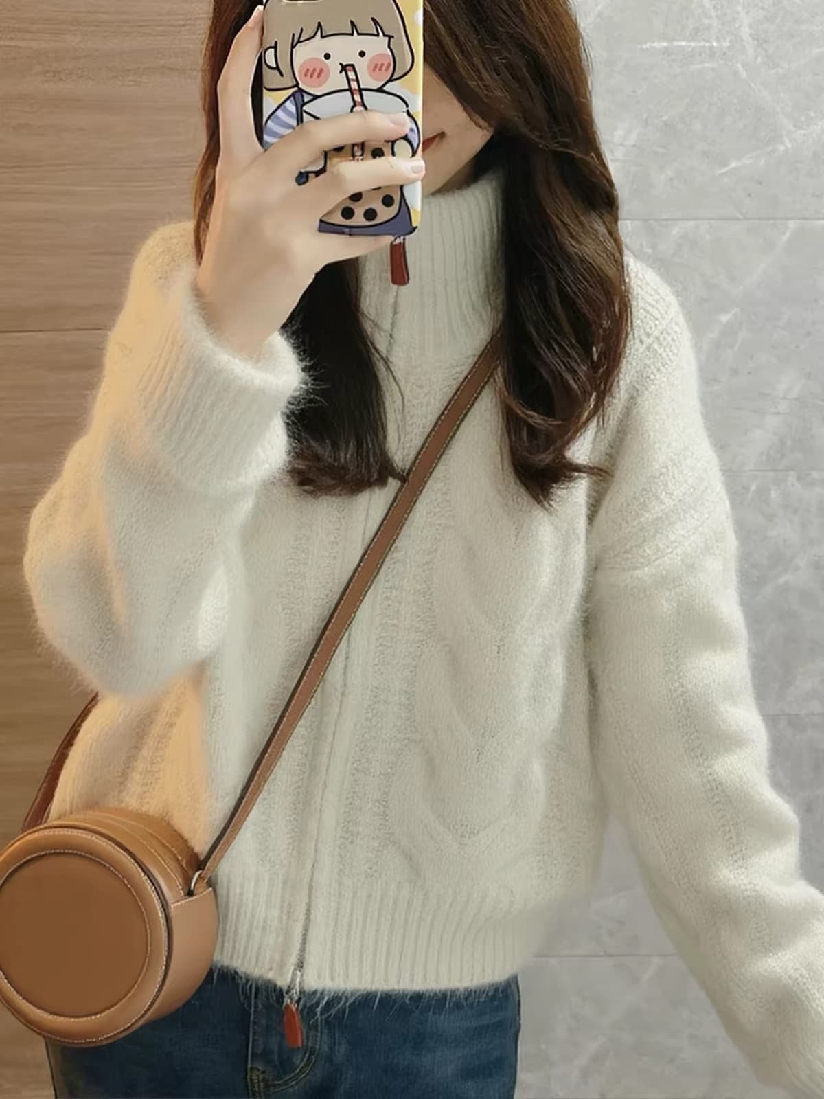프랑스식 작은 샤넬 스타일 화이트 터틀넥 꽈배기 니트 오픈 가디건 스웨터 여성 코트 겨울 의류 우유 씽 하는 소리 두꺼운 작은 맨위 상세 이미지 3