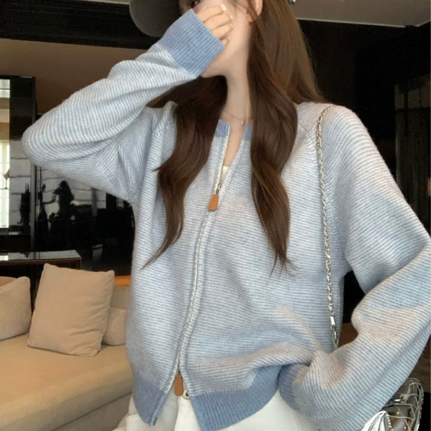 한 부서 배색 파란색 스트라이프 지퍼 스웨터 여성 코트 가을 겨울 느긋한 바람 루즈핏 캐주얼 니트 오픈 가디건 맨위 이미지 5
