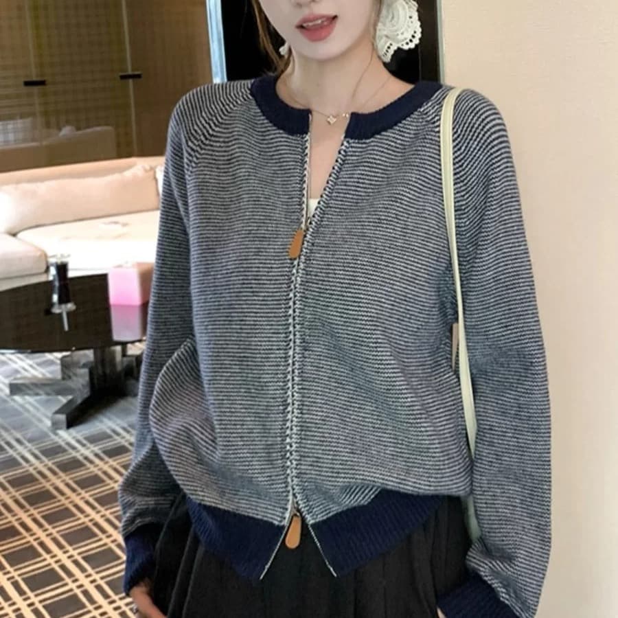 한 부서 배색 파란색 스트라이프 지퍼 스웨터 여성 코트 가을 겨울 느긋한 바람 루즈핏 캐주얼 니트 오픈 가디건 맨위 상세 이미지 1