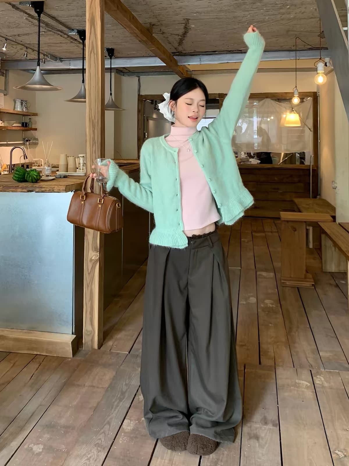 송 긍정적 인 En 부드러운 박하 녹색 프릴 니트 오픈 가디건 스웨터 코트 여자 가을 새로운 디자인 센스 맨위 이미지 3