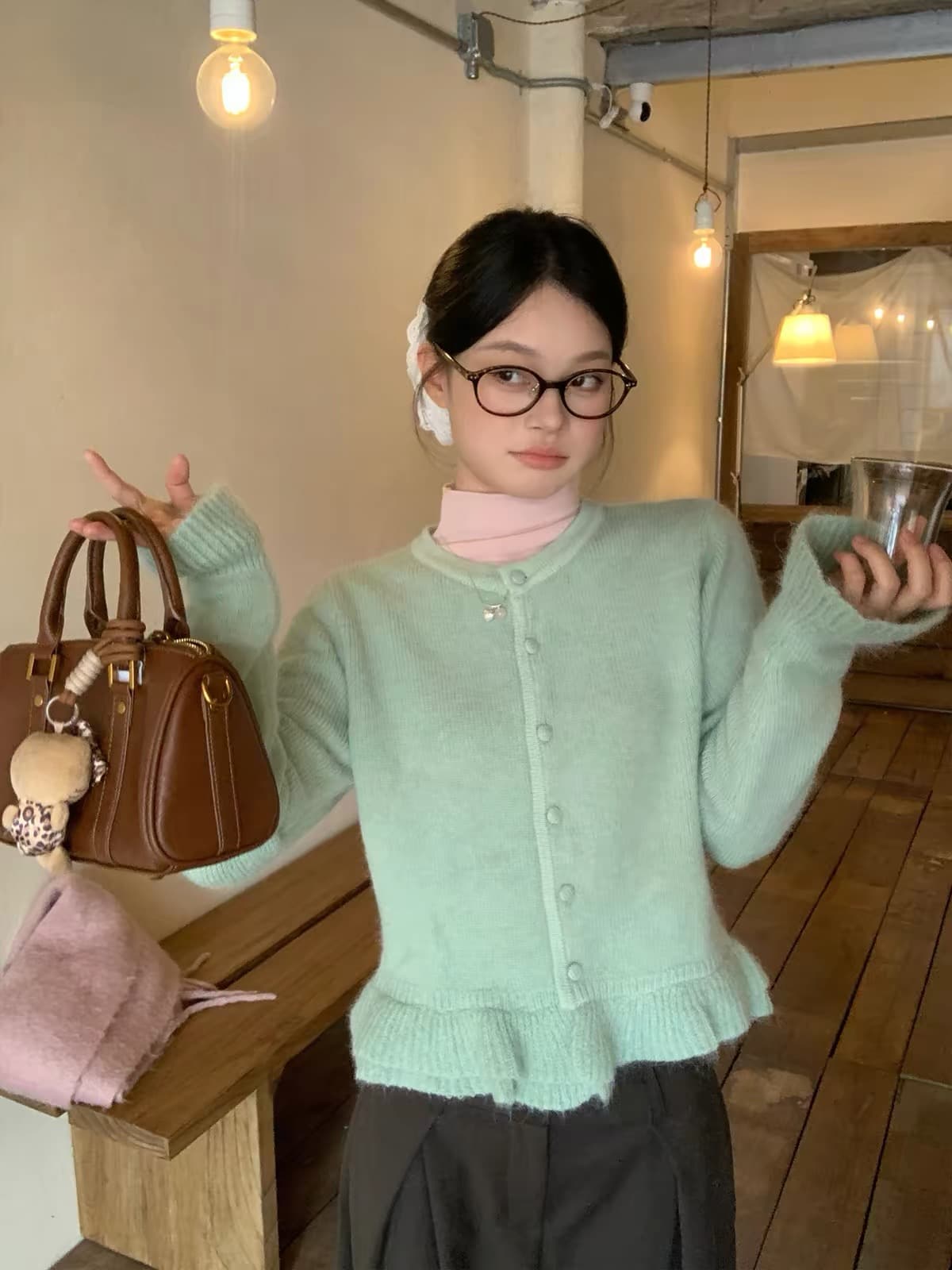 송 긍정적 인 En 부드러운 박하 녹색 프릴 니트 오픈 가디건 스웨터 코트 여자 가을 새로운 디자인 센스 맨위 상세 이미지 3