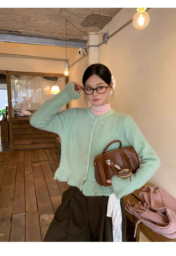 송 긍정적 인 En 부드러운 박하 녹색 프릴 니트 오픈 가디건 스웨터 코트 여자 가을 새로운 디자인 센스 맨위 상세 이미지 8