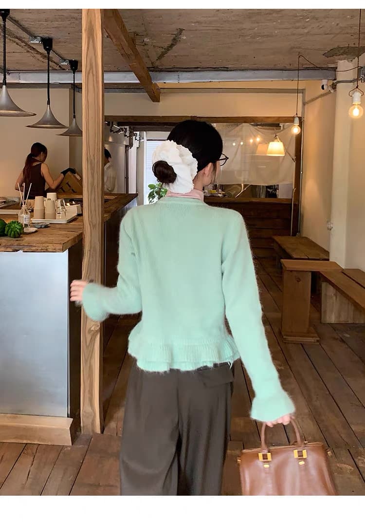 송 긍정적 인 En 부드러운 박하 녹색 프릴 니트 오픈 가디건 스웨터 코트 여자 가을 새로운 디자인 센스 맨위 상세 이미지 9