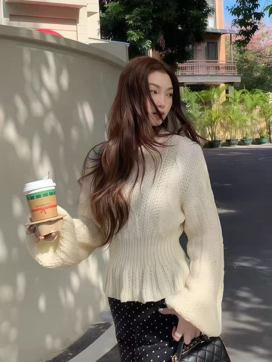 한 부서 디자인 센스 허리 수축 슬림해 보이는 벌룬 소매 스웨터 ins 다용도 이미지 2