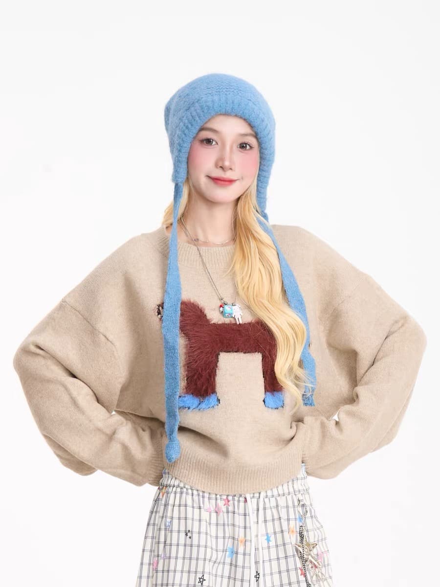 재미있는 강아지 식물 플러시 라운드 넥 스웨터 여자 느긋한 바람 부드러운 찹쌀 루즈핏 쇼트 스타일 풀오버 니트 스웨터 이미지 2