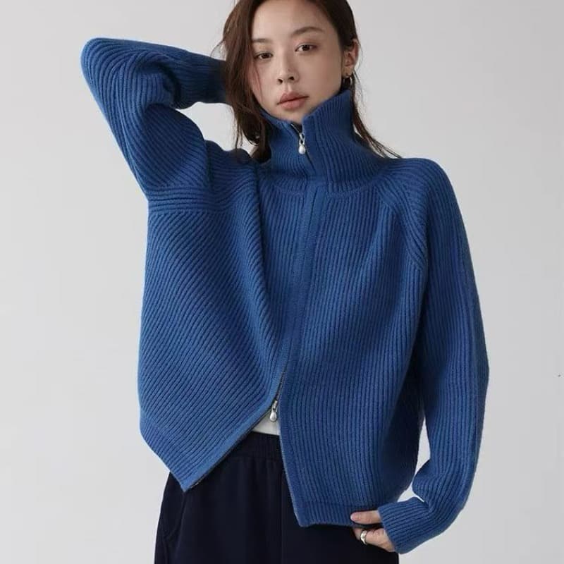 구덩이 기사 더블 지퍼 스웨터 가을 새로운 출퇴근 루즈핏 단색 스탠드 칼라 오픈 가디건