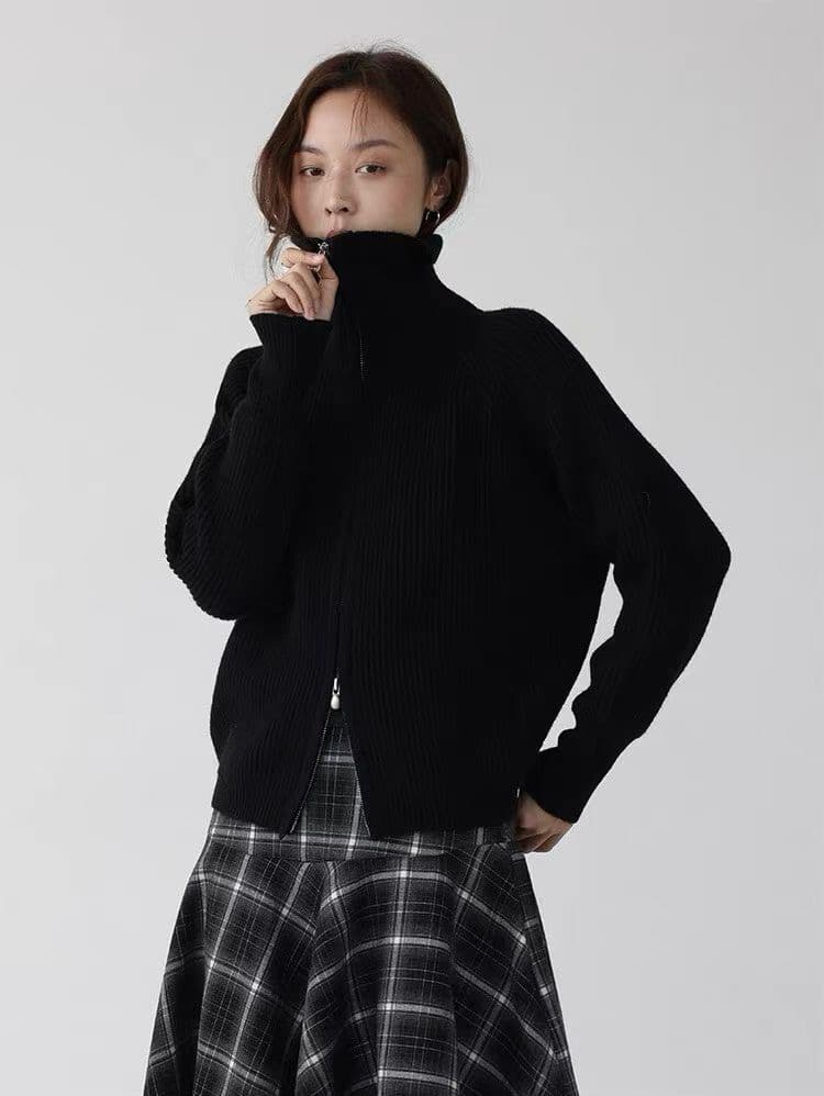 구덩이 기사 더블 지퍼 스웨터 가을 새로운 출퇴근 루즈핏 단색 스탠드 칼라 오픈 가디건 이미지 2