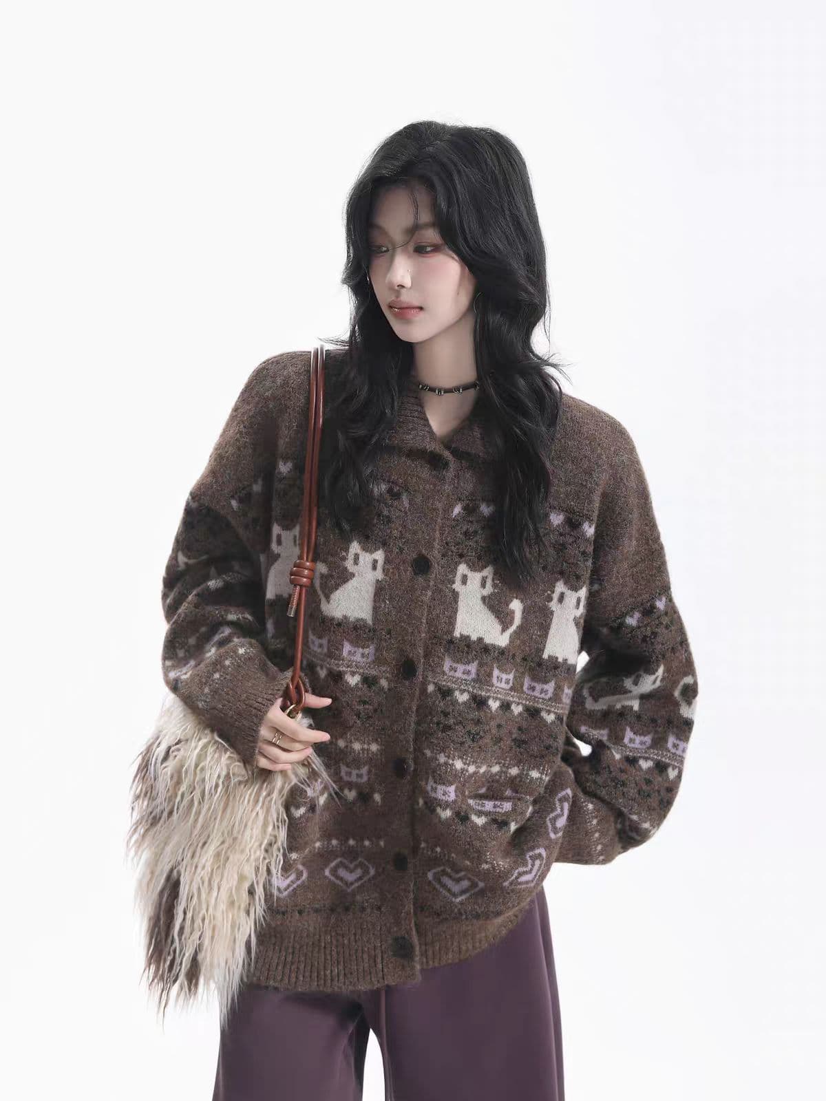 겨울 두꺼운 공정한 섬 새끼 고양이 자카드 스탠드 칼라 스웨터 부드러운 찹쌀 니트 오픈 가디건 여성 이미지 3