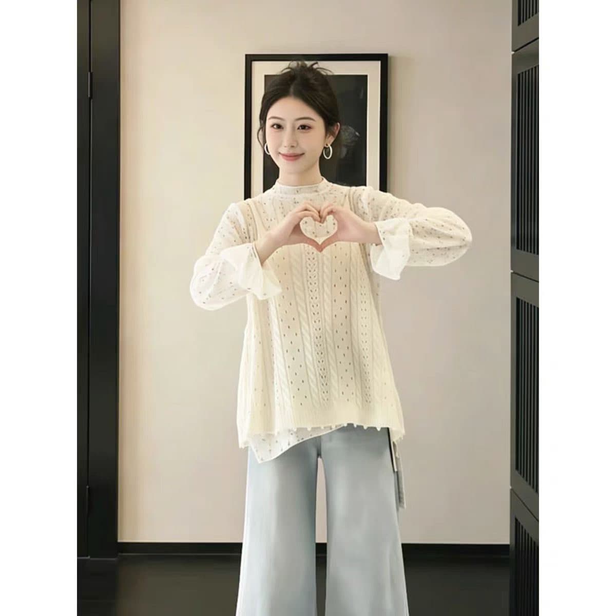 한 부서 스택 착용 꽃무늬 맨위 기본 셔츠 니트 홀로우 아웃 베스트 투피스 슈트 여성 봄 드레스 분위기 센스 나팔 소매 이미지 2