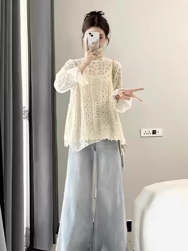 한 부서 스택 착용 꽃무늬 맨위 기본 셔츠 니트 홀로우 아웃 베스트 투피스 슈트 여성 봄 드레스 분위기 센스 나팔 소매 상세 이미지 6