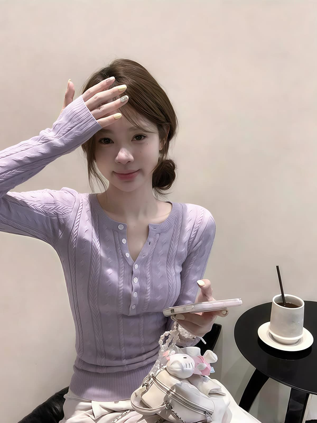 한 부서 부드러운 찹쌀 헨리 칼라 보라색 스웨터 여자 봄 가을 인사이드 가져 가라. 몸매 가꾸기 풀오버 작은 키 니트 기본 셔츠 맨위 이미지 4