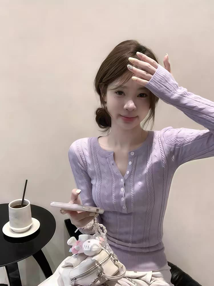 한 부서 부드러운 찹쌀 헨리 칼라 보라색 스웨터 여자 봄 가을 인사이드 가져 가라. 몸매 가꾸기 풀오버 작은 키 니트 기본 셔츠 맨위 상세 이미지 1