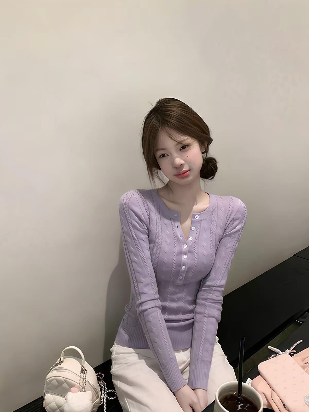 한 부서 부드러운 찹쌀 헨리 칼라 보라색 스웨터 여자 봄 가을 인사이드 가져 가라. 몸매 가꾸기 풀오버 작은 키 니트 기본 셔츠 맨위 상세 이미지 2