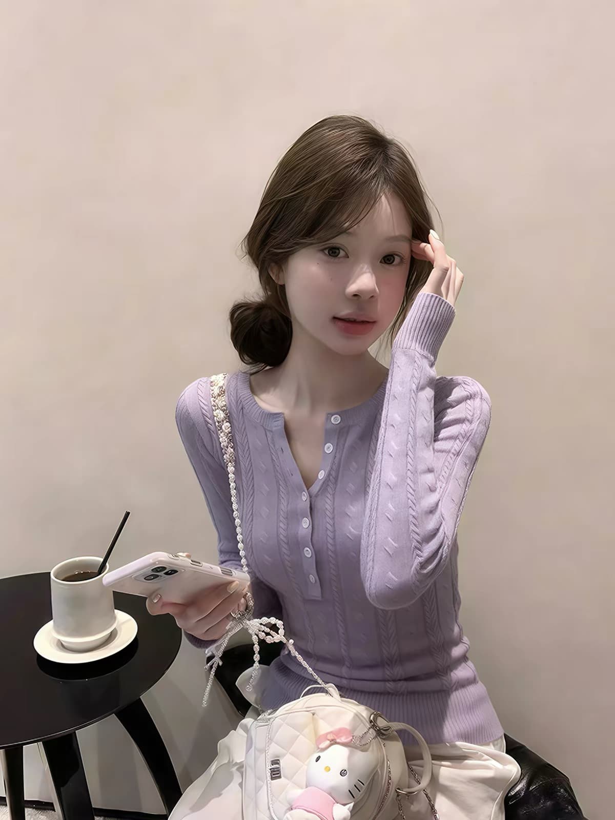 한 부서 부드러운 찹쌀 헨리 칼라 보라색 스웨터 여자 봄 가을 인사이드 가져 가라. 몸매 가꾸기 풀오버 작은 키 니트 기본 셔츠 맨위 상세 이미지 3