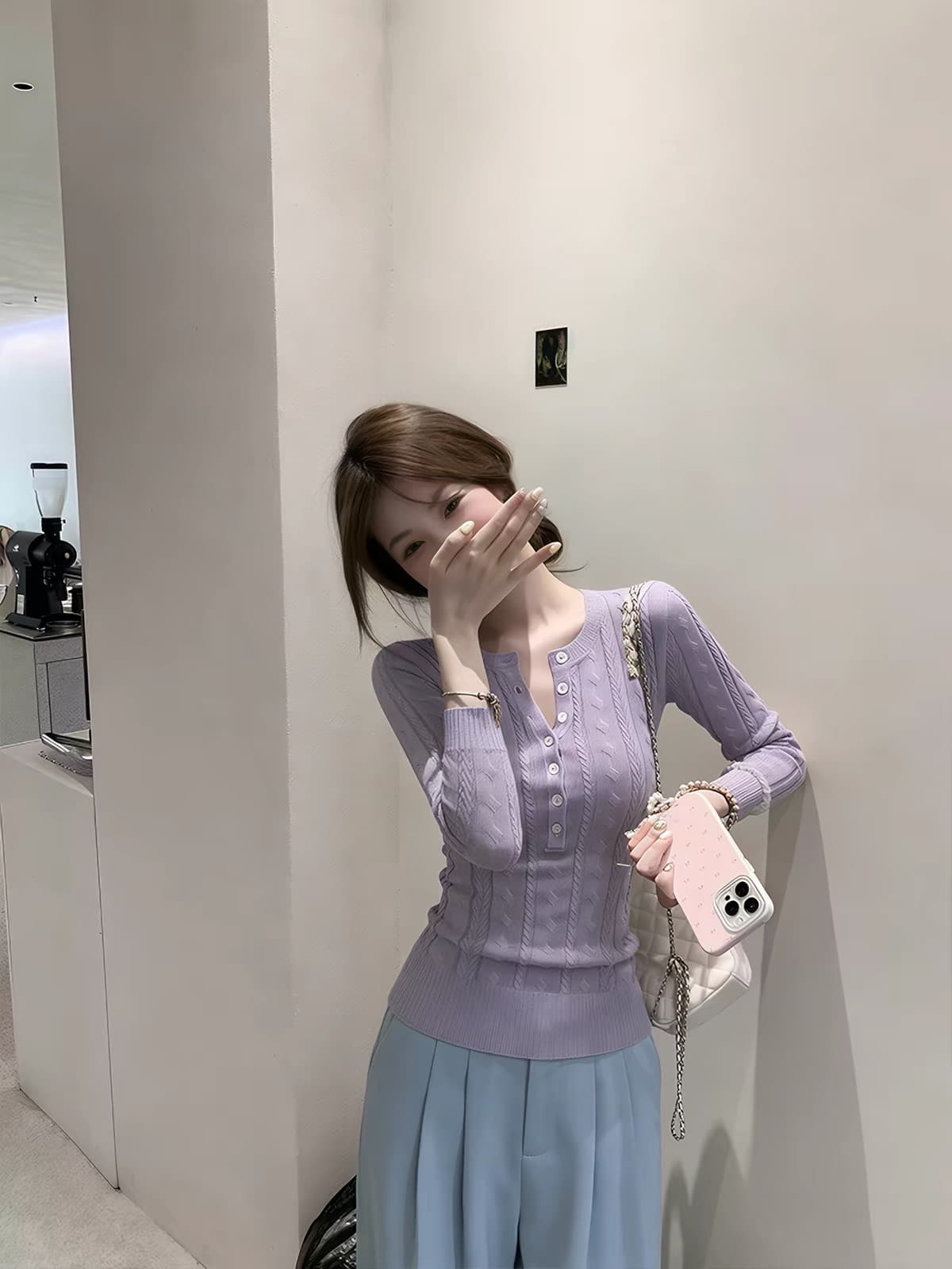 한 부서 부드러운 찹쌀 헨리 칼라 보라색 스웨터 여자 봄 가을 인사이드 가져 가라. 몸매 가꾸기 풀오버 작은 키 니트 기본 셔츠 맨위 상세 이미지 4