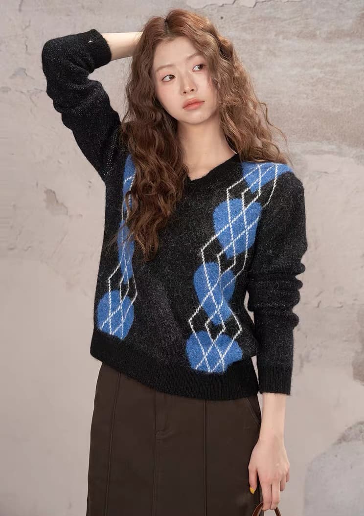 레트로 배색 V넥 하트 링 格套 머리 스웨터 여자 겨울 루즈핏 다용도 캐주얼 맨위 이미지 4