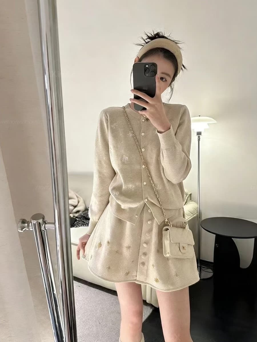 가을로 코디 한 부서 착용 가져 가라. 전체 집합 작은 샤넬 스타일 부드러운 찹쌀 스웨터 오픈 가디건 무거운 작업 반신 미니 스커트 두 조각 여성 세트