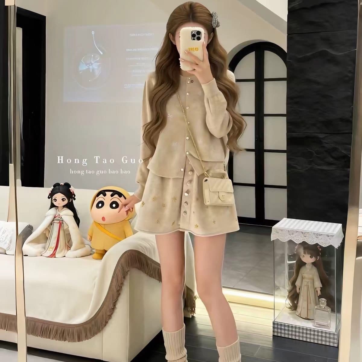 가을로 코디 한 부서 착용 가져 가라. 전체 집합 작은 샤넬 스타일 부드러운 찹쌀 스웨터 오픈 가디건 무거운 작업 반신 미니 스커트 두 조각 여성 세트 이미지 3