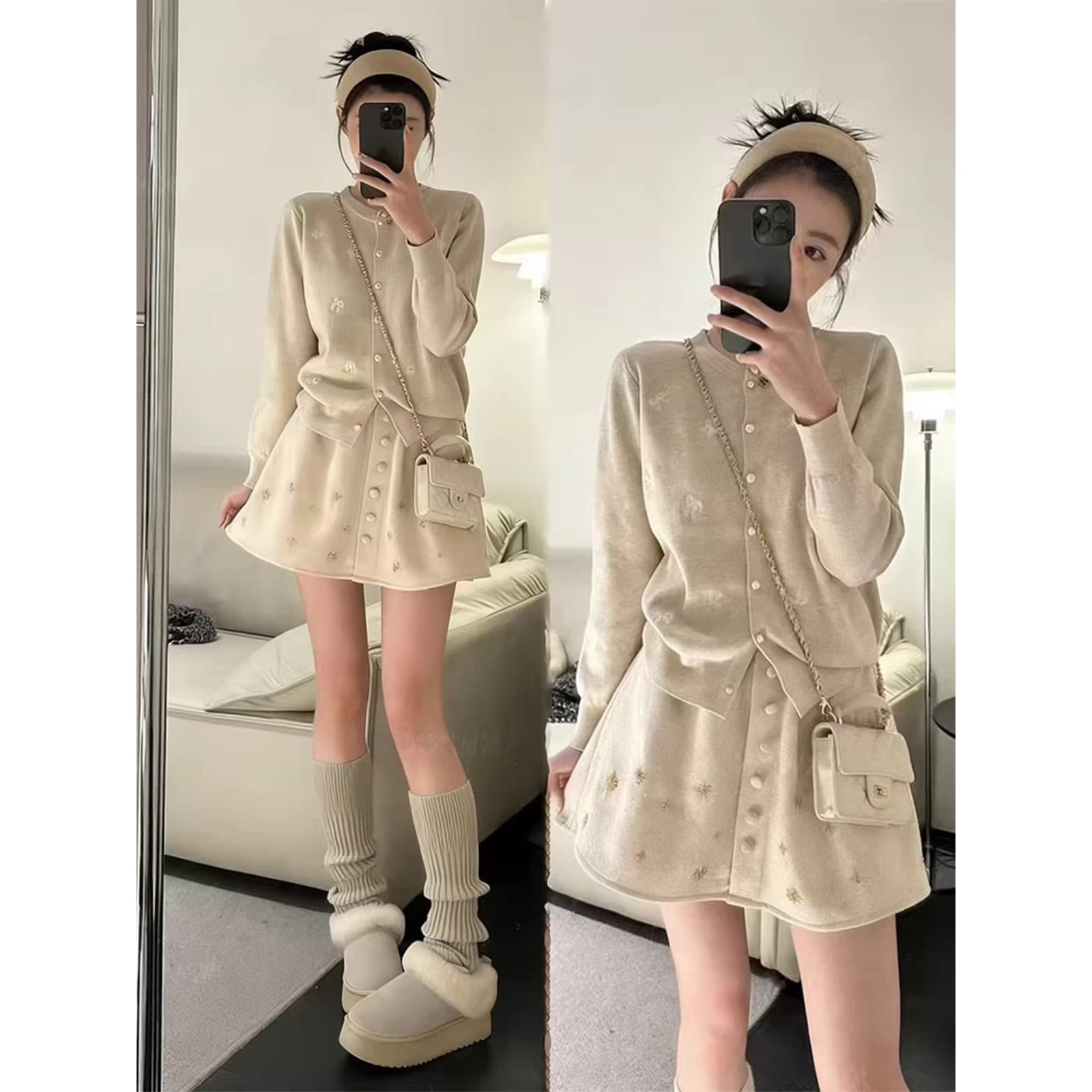 가을로 코디 한 부서 착용 가져 가라. 전체 집합 작은 샤넬 스타일 부드러운 찹쌀 스웨터 오픈 가디건 무거운 작업 반신 미니 스커트 두 조각 여성 세트 상세 이미지 1