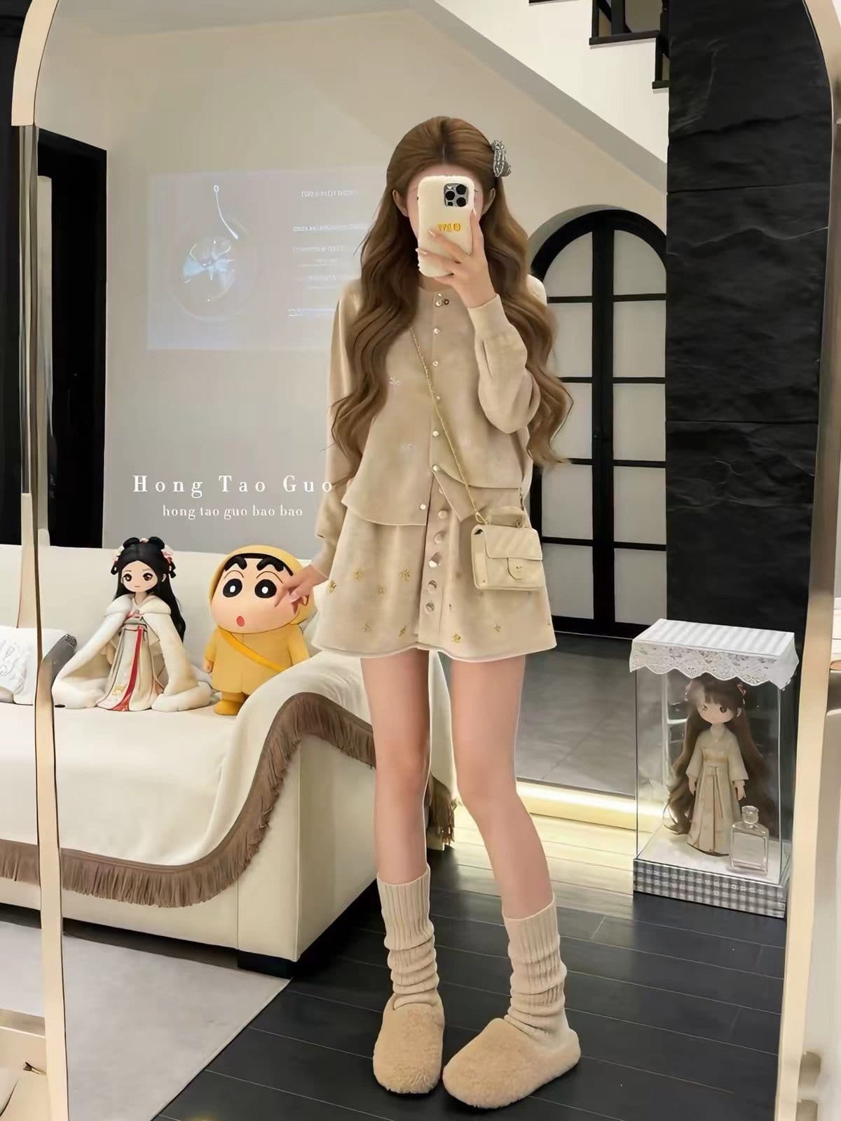 가을로 코디 한 부서 착용 가져 가라. 전체 집합 작은 샤넬 스타일 부드러운 찹쌀 스웨터 오픈 가디건 무거운 작업 반신 미니 스커트 두 조각 여성 세트 상세 이미지 2