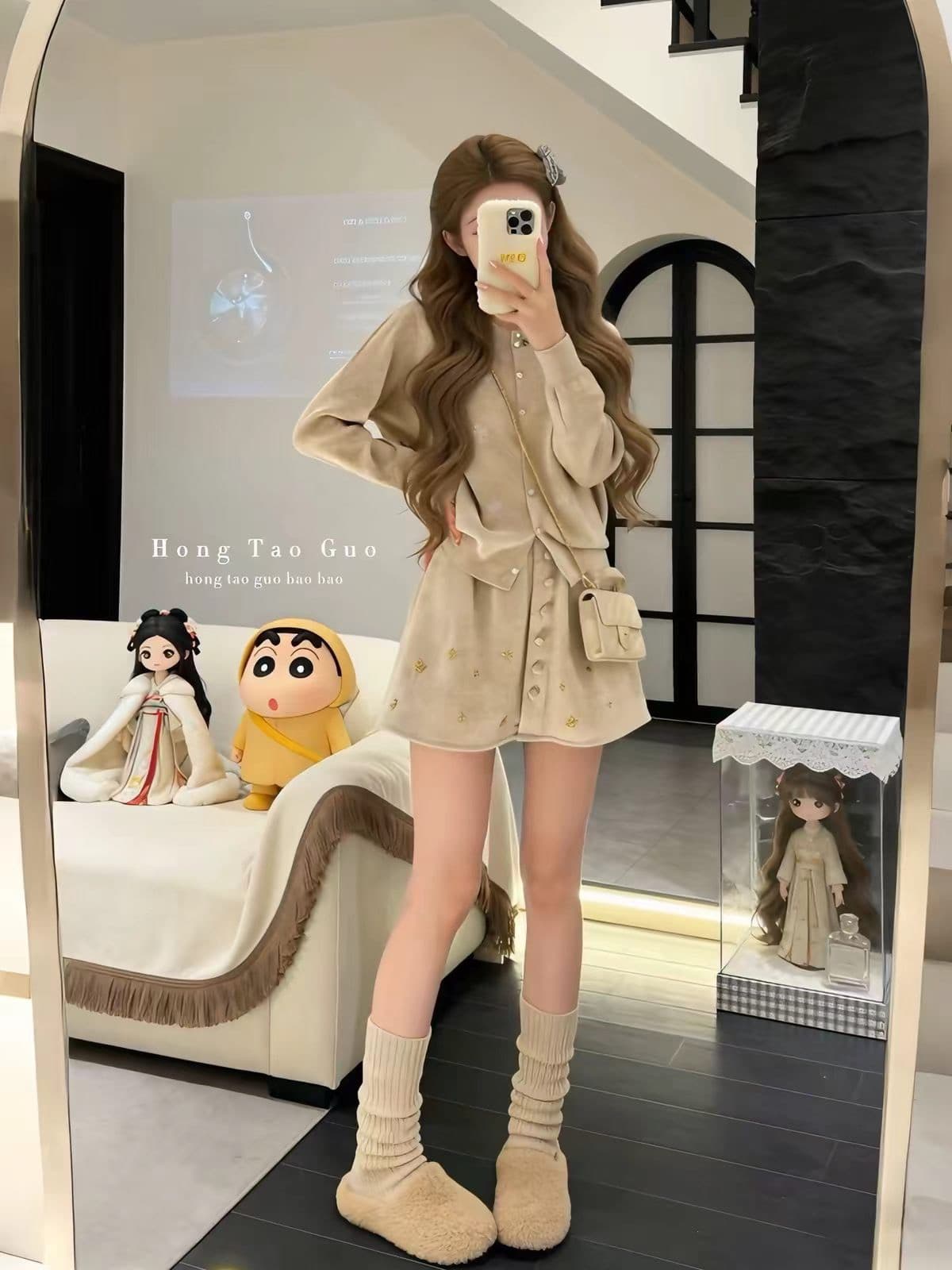 가을로 코디 한 부서 착용 가져 가라. 전체 집합 작은 샤넬 스타일 부드러운 찹쌀 스웨터 오픈 가디건 무거운 작업 반신 미니 스커트 두 조각 여성 세트 상세 이미지 3