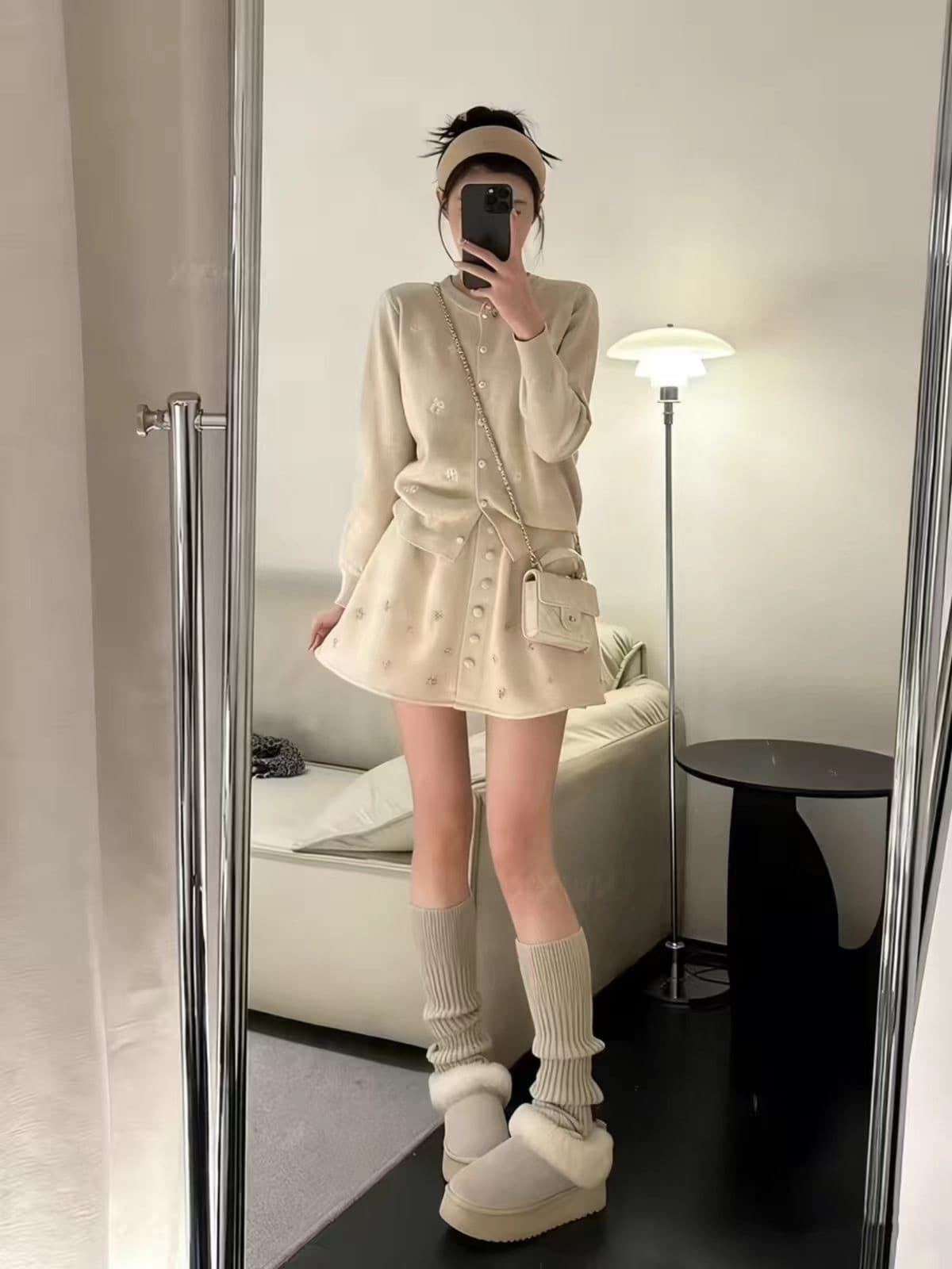 가을로 코디 한 부서 착용 가져 가라. 전체 집합 작은 샤넬 스타일 부드러운 찹쌀 스웨터 오픈 가디건 무거운 작업 반신 미니 스커트 두 조각 여성 세트 상세 이미지 5