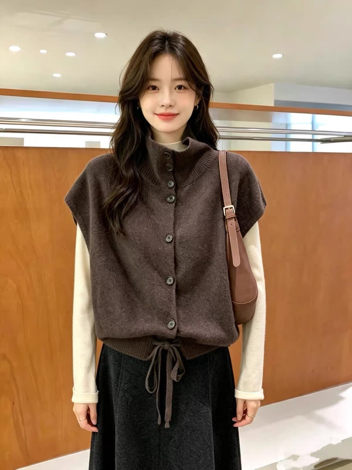 한 인사이드 한 가스 스탠드 칼라 단추 민소매 어깨 니트 베스트 펌프 로프 디자인 스택 착용 조끼 맨위 상세 이미지 7