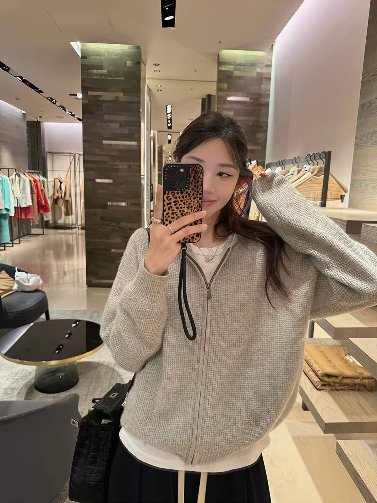 장 베이 베이 ibell 한 부서 루즈핏 슬림해 보이는 3 차원 후아 남편 그리드 후드 오픈 가디건 여성 레저 다용도 양모 재킷 상세 이미지 6