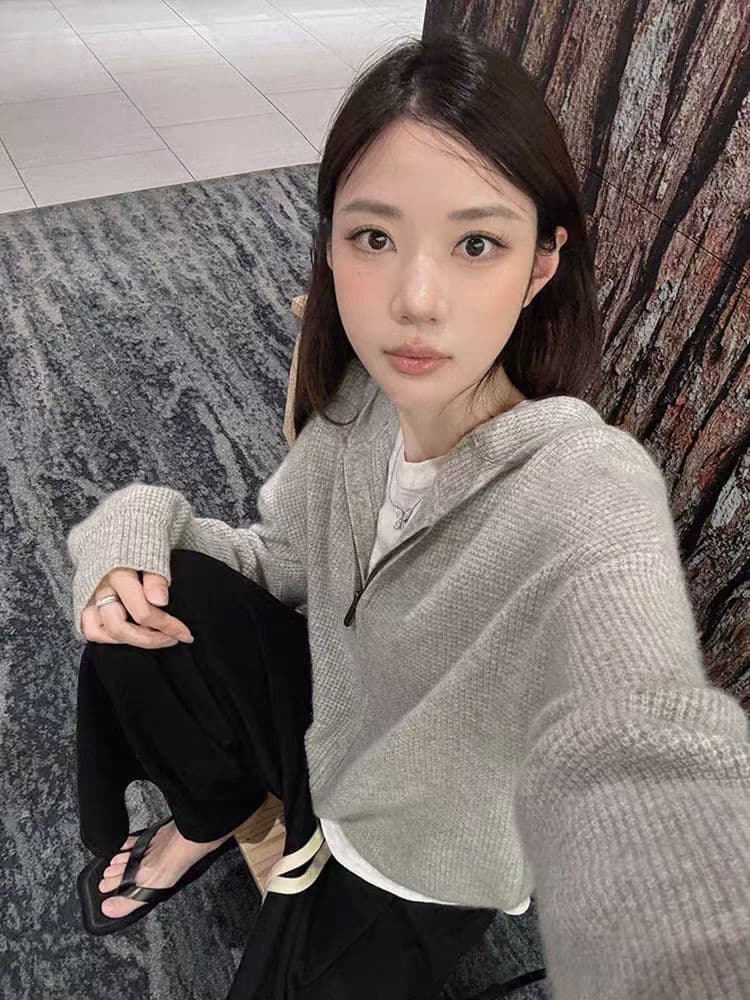 장 베이 베이 ibell 한 부서 루즈핏 슬림해 보이는 3 차원 후아 남편 그리드 후드 오픈 가디건 여성 레저 다용도 양모 재킷 상세 이미지 7