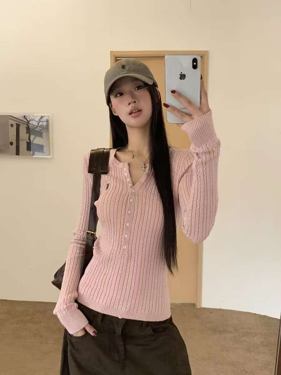 한 부서 박하 녹색 단추 V넥 긴팔 니트 스웨터 여성 가을 겨울 몸매 가꾸기 자이언트 잘 생긴 인사이드 가져 가라. 예쁜 스웨터 맨위 이미지 2