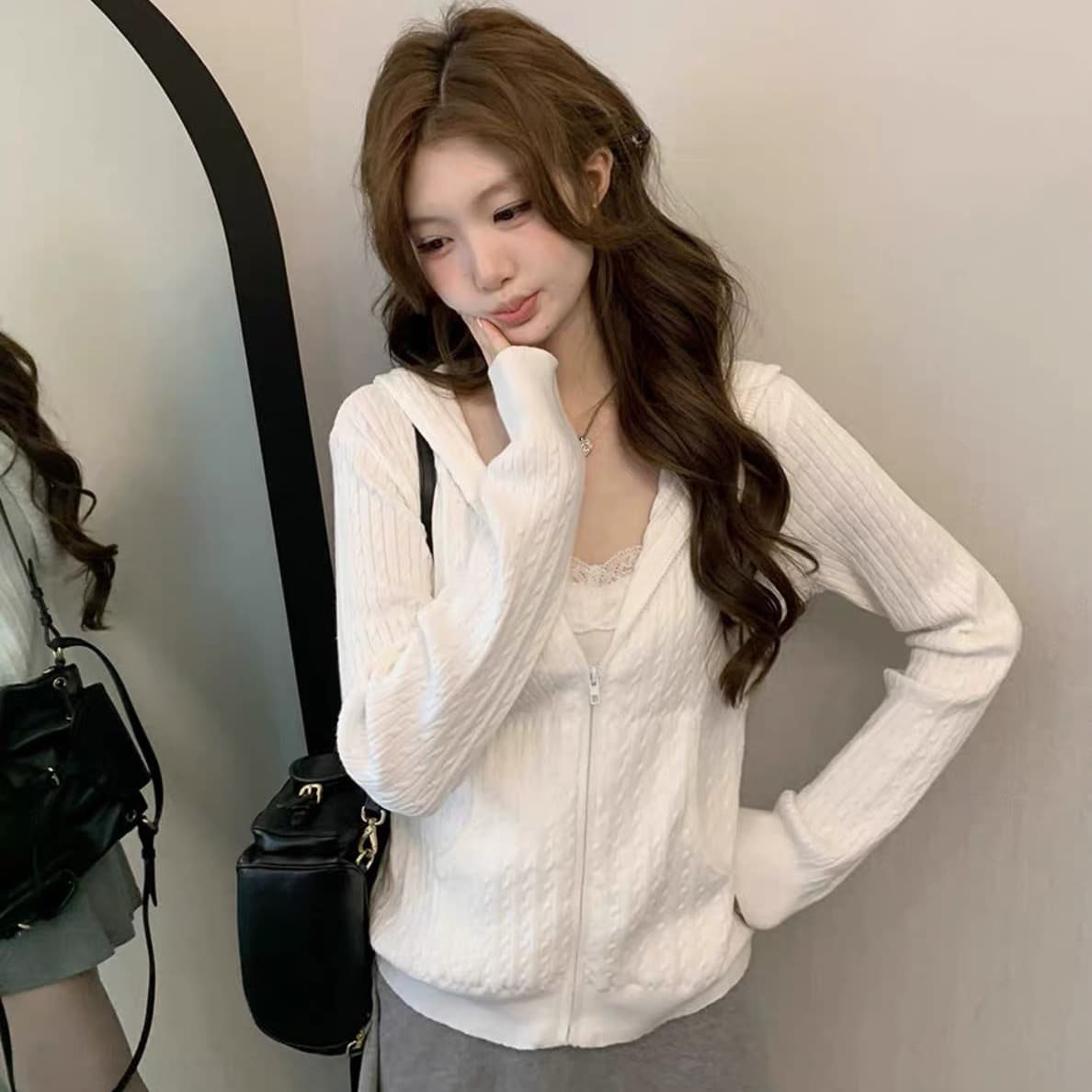 후드 꽈배기 모직물 오픈 가디건 여성 조기 가을 루즈핏 지퍼 스웨터 코트 이미지 5