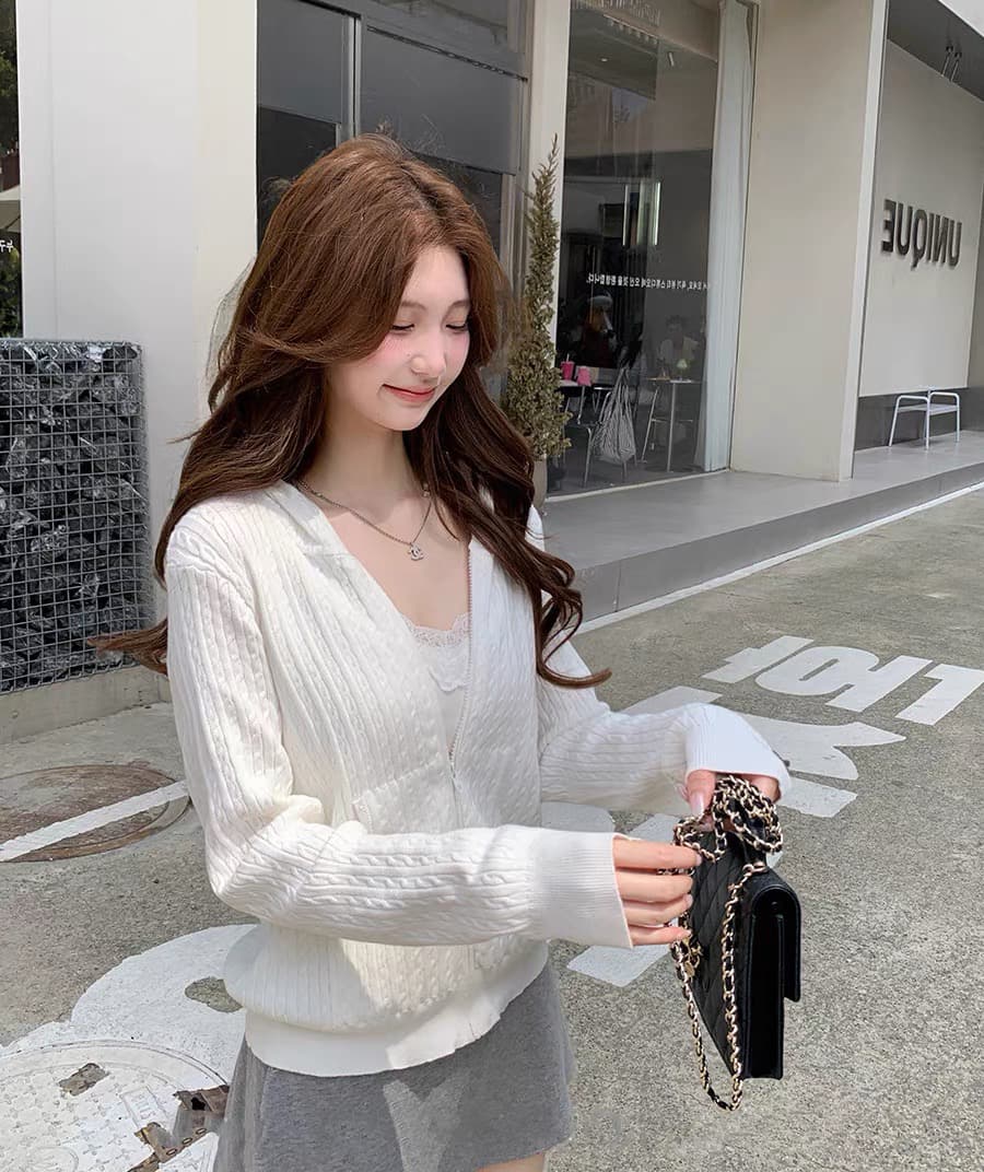 후드 꽈배기 모직물 오픈 가디건 여성 조기 가을 루즈핏 지퍼 스웨터 코트 상세 이미지 1