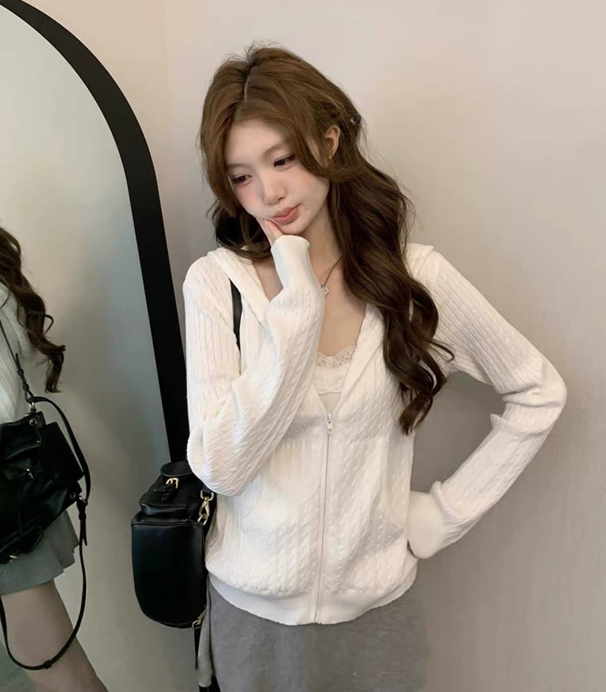 후드 꽈배기 모직물 오픈 가디건 여성 조기 가을 루즈핏 지퍼 스웨터 코트 상세 이미지 2