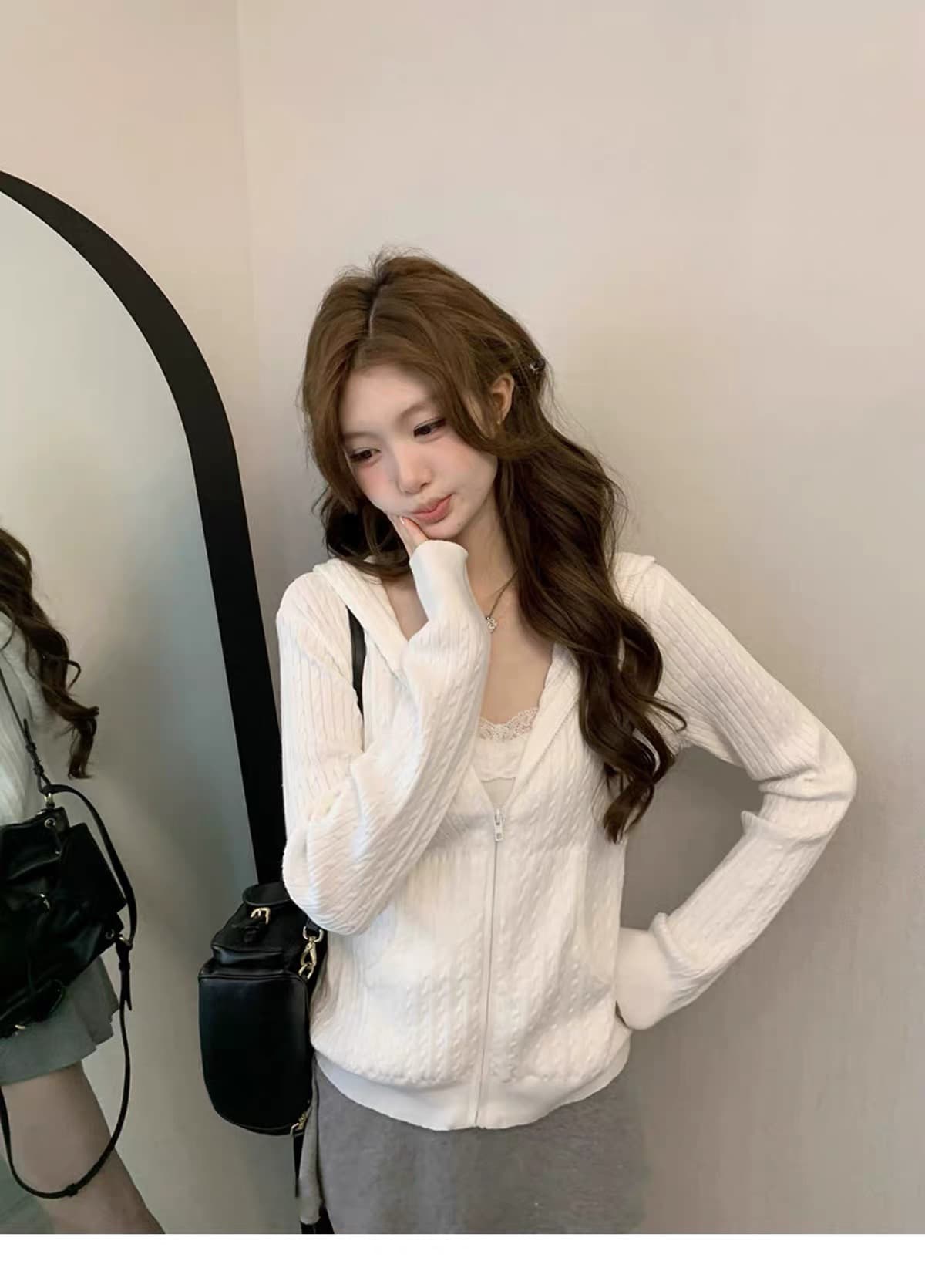 후드 꽈배기 모직물 오픈 가디건 여성 조기 가을 루즈핏 지퍼 스웨터 코트 상세 이미지 3