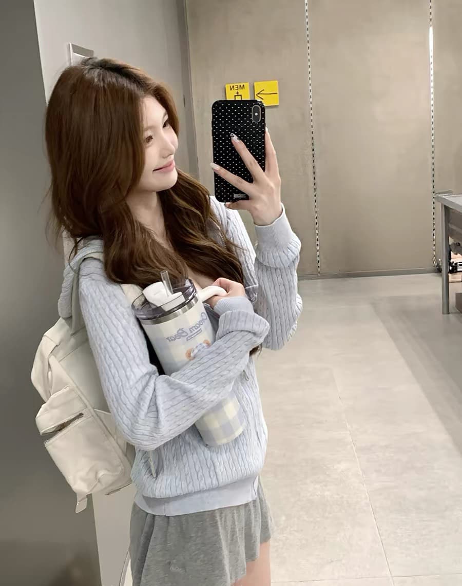 후드 꽈배기 모직물 오픈 가디건 여성 조기 가을 루즈핏 지퍼 스웨터 코트 상세 이미지 5