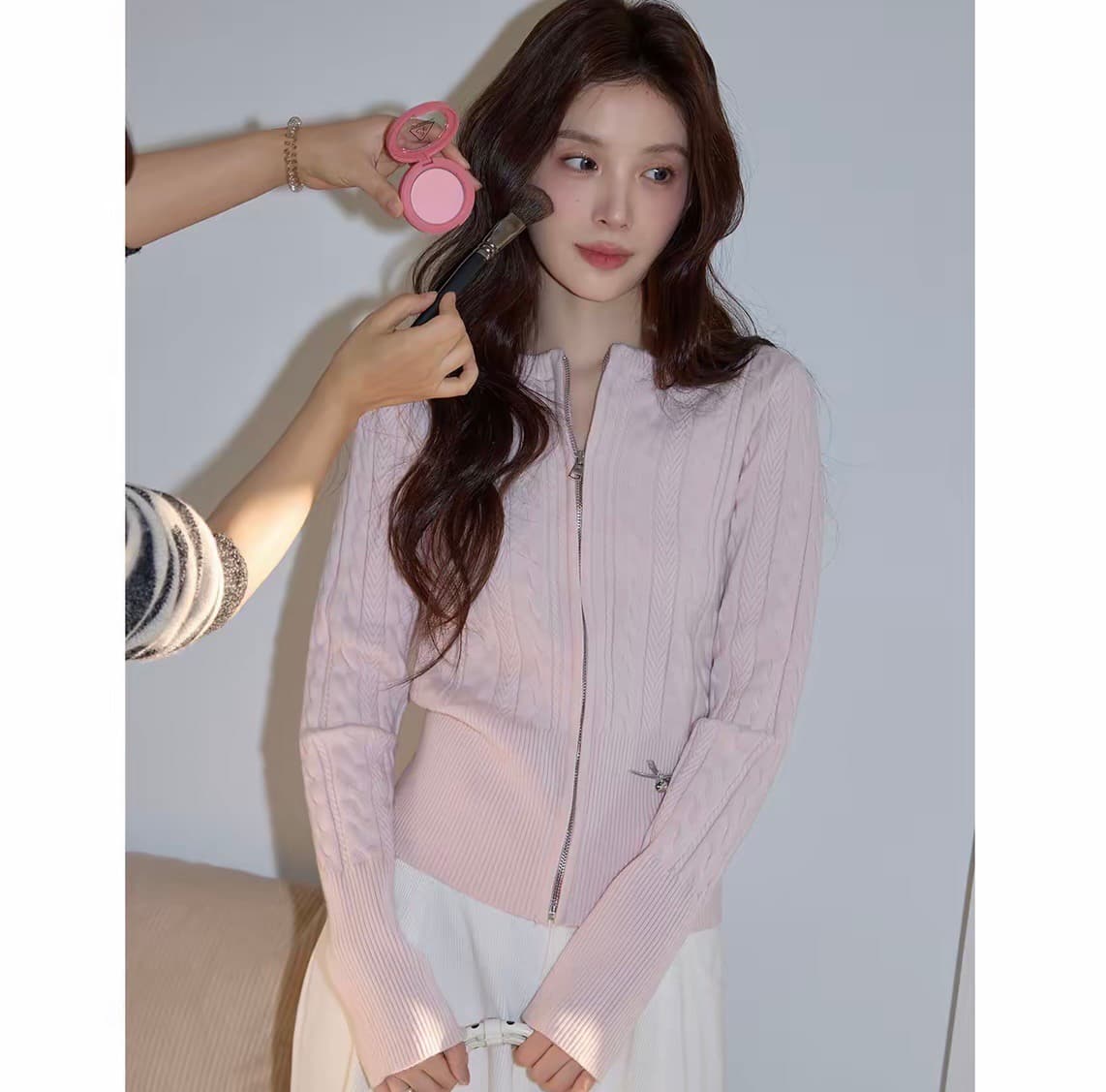 시끄러운 홈 한 부서 핑크색 라운드 넥 꽈배기 니트 오픈 가디건 여성 가을 캐주얼 몸매 가꾸기 에어컨 객실 지퍼 재킷 상세 이미지 1