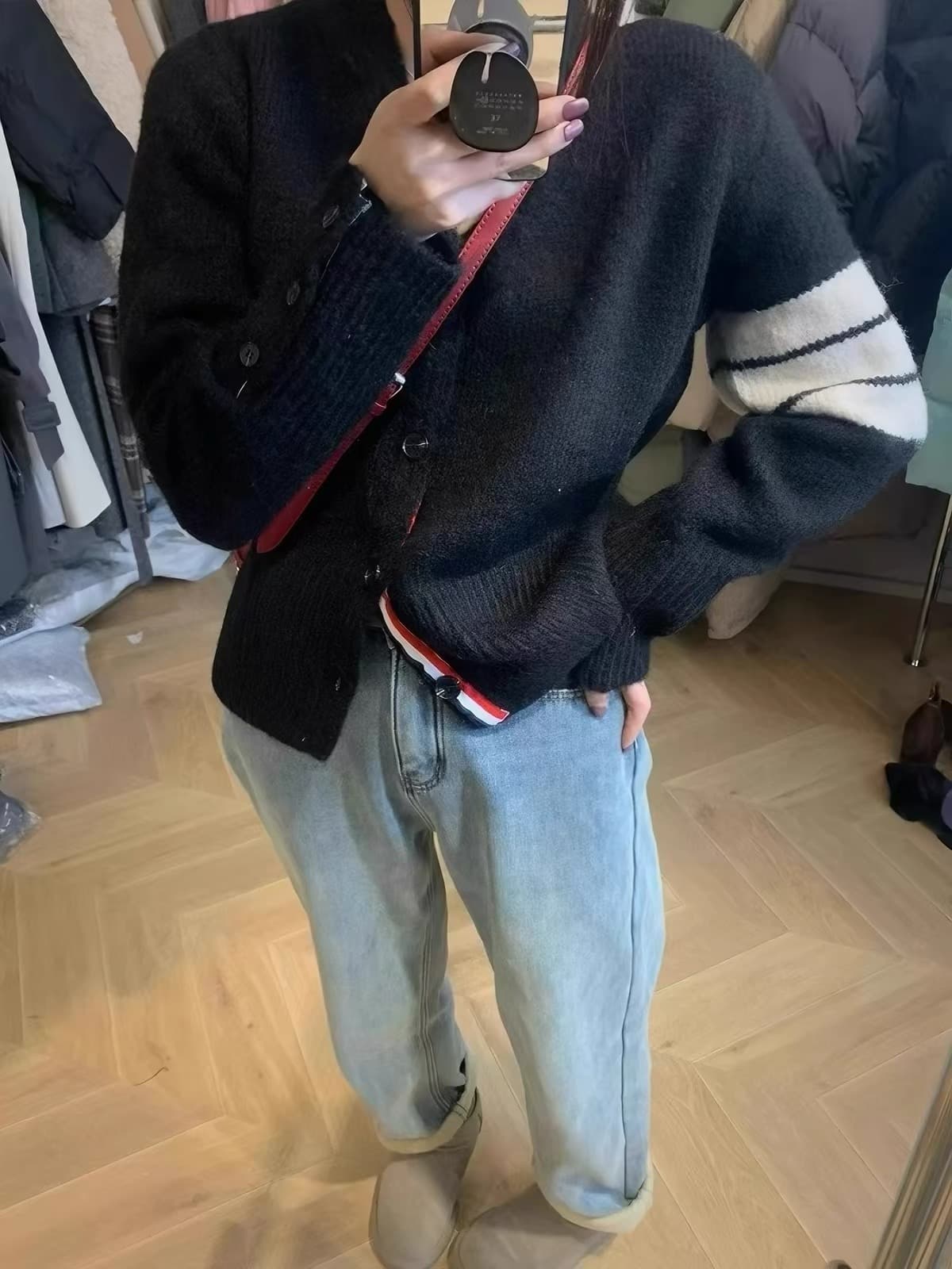 레트로 학원 스타일 스트라이프 V넥 니트 오픈 가디건 여성 봄 가을 유럽 상품 느긋한 바람 배색 패치워크 스웨터 코트 상세 이미지 4