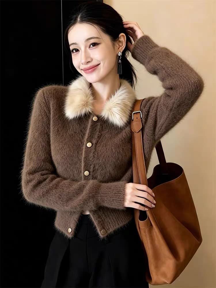 빛 럭셔리 고급 센스 모피 칼라 니트 오픈 가디건 여성 가을 겨울 두꺼운 스웨터 인사이드 가져 가라. 수 있습니다. 외출용 고유 한 슈퍼 잘 생긴 맨위 상세 이미지 3