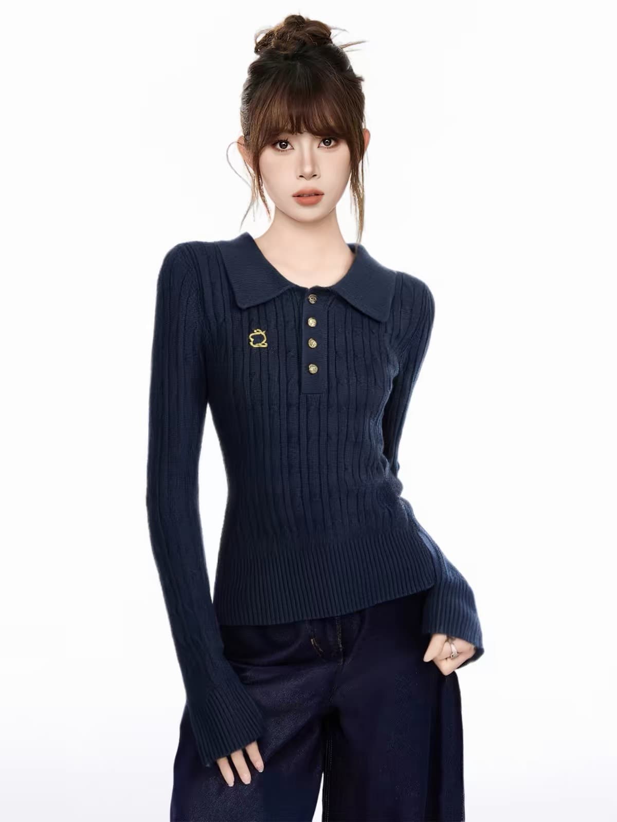 해군 polo 폴로 칼라 긍정적 인 어깨 긴팔 니트 스웨터 여성 가을 겨울 가을 몸매 가꾸기 허리 수축 인사이드 가져 가라. 기본 셔츠 맨위 이미지 2