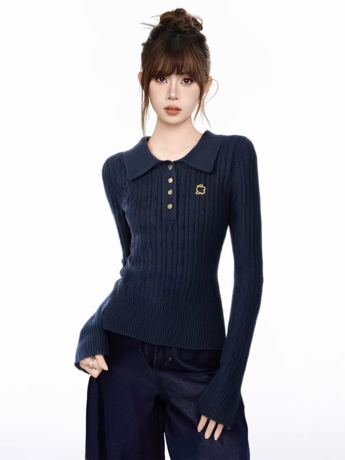 해군 polo 폴로 칼라 긍정적 인 어깨 긴팔 니트 스웨터 여성 가을 겨울 가을 몸매 가꾸기 허리 수축 인사이드 가져 가라. 기본 셔츠 맨위 이미지 4