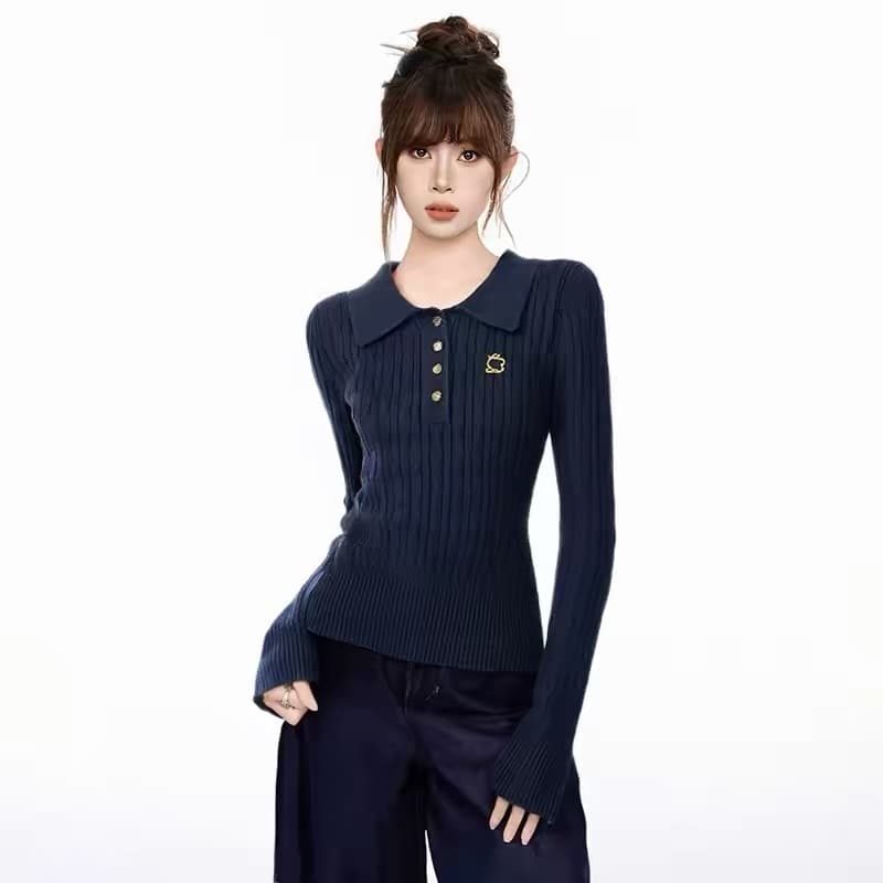 해군 polo 폴로 칼라 긍정적 인 어깨 긴팔 니트 스웨터 여성 가을 겨울 가을 몸매 가꾸기 허리 수축 인사이드 가져 가라. 기본 셔츠 맨위 상세 이미지 2